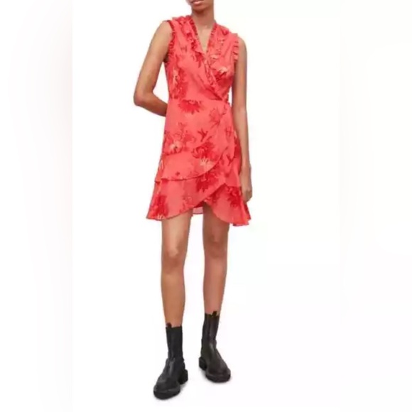 AllSaints Ari Floral Print Wrap Bird Print Dress in Orange Size 6